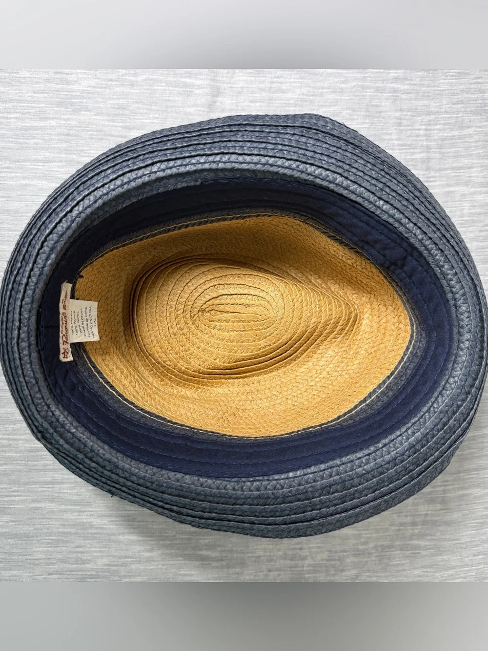Original Penguin Two-Tone Natural Navy Straw Fedora Porkpie Summer Hat L/XL